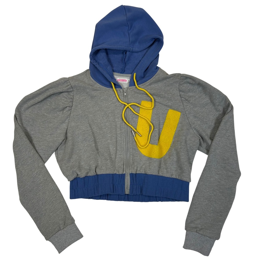 Unicorn Universe Women XL Cropped Zip Up Hoodie Grey Blue Puff Sleeve Chenille U